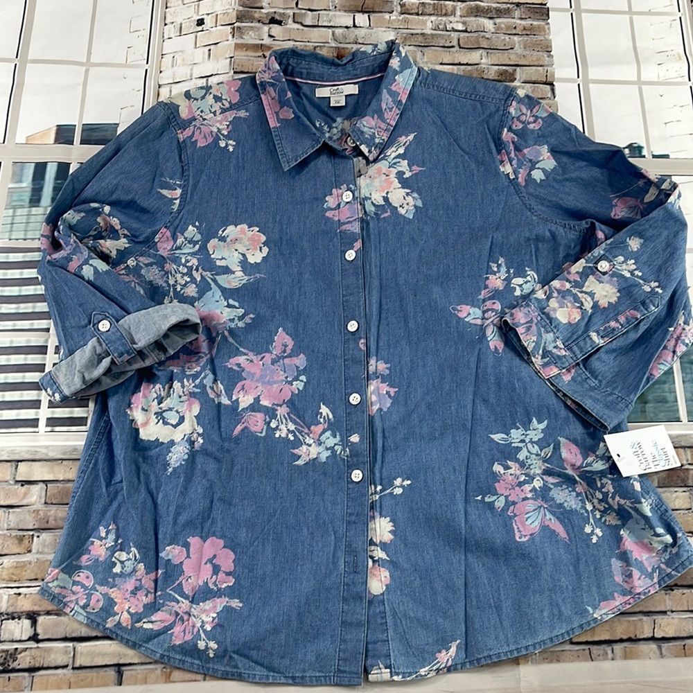 NWT Women’s Croft & Barrow Blue & Pint Floral Print Button Down Shirt (PXL) GE16